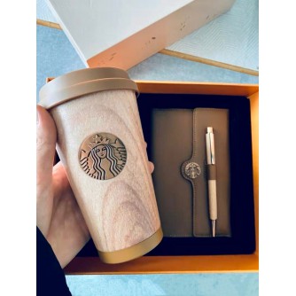 Starbucks Wood Grain StainlessSteel Thumbler & NoteBook Gifts Box370ml