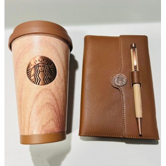 Starbucks Wood Grain StainlessSteel Thumbler & NoteBook Gifts Box370ml